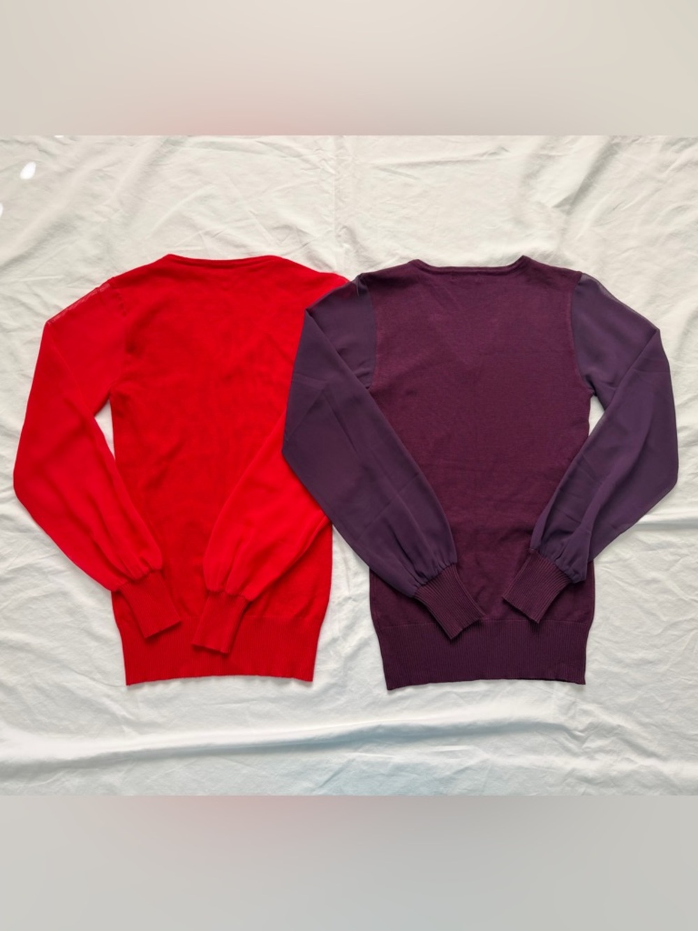 VENUS Bundle | 2 Sheer Sleeve Stretch Knit V-Neck Sweaters | Red & Purple | XS - Picture 11 of 16